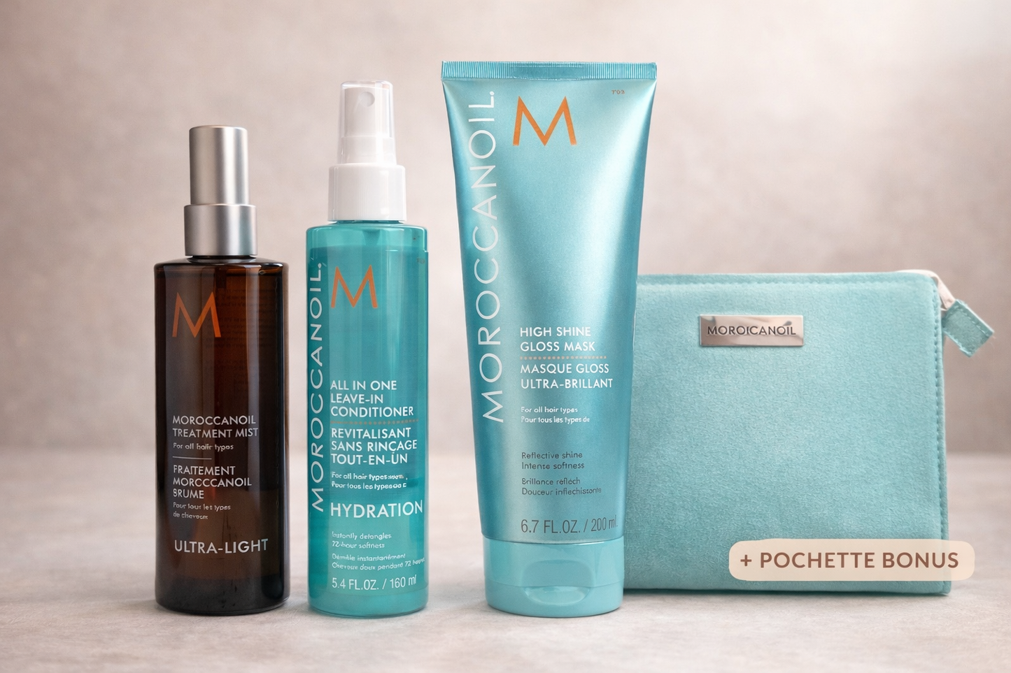Rituel Brillance & Hydratation – Moroccanoil + pochette cosmétique bonus